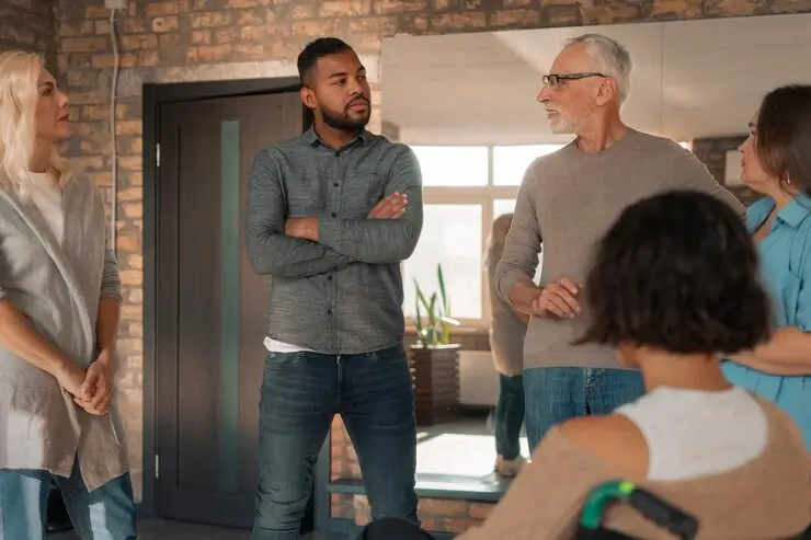 Um grupo de condôminos participando de uma reunião em um ambiente aconchegante. O grupo inclui cinco pessoas: uma mulher loira de pé à esquerda, um homem jovem com barba e braços cruzados no centro, um homem mais velho de óculos falando enquanto gesticula com as mãos, é uma mulher sentada em uma cadeira de rodas de costas para a câmera. O ambiente tem paredes de tijolos e grandes janelas que deixam entrar a luz.