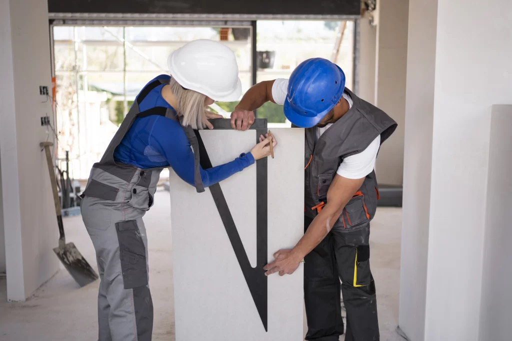 Dois trabalhadores de capacete e uniforme, um homem e uma mulher, utilizam ferramentas de medição em uma obra, colaborando no planejamento de manutenção de um condomínio.