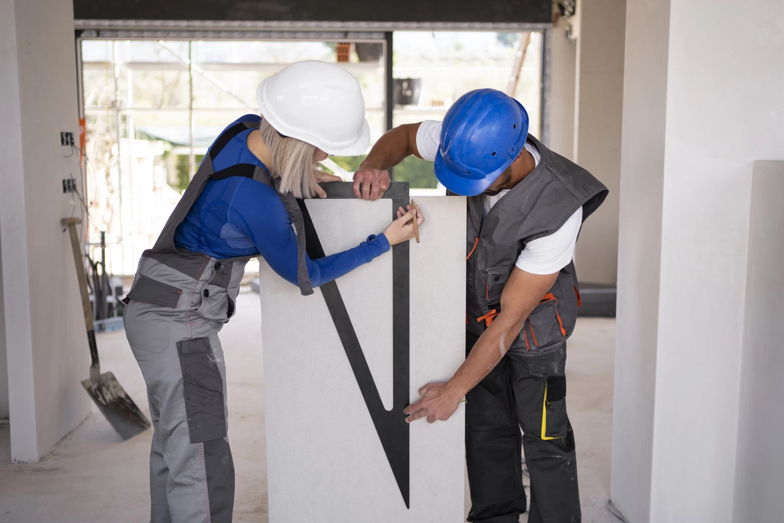 Dois trabalhadores de capacete e uniforme, um homem e uma mulher, utilizam ferramentas de medição em uma obra, colaborando no planejamento de manutenção de um condomínio.