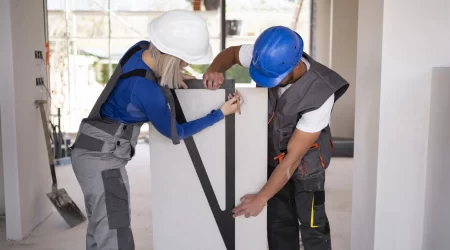 Dois trabalhadores de capacete e uniforme, um homem e uma mulher, utilizam ferramentas de medição em uma obra, colaborando no planejamento de manutenção de um condomínio.